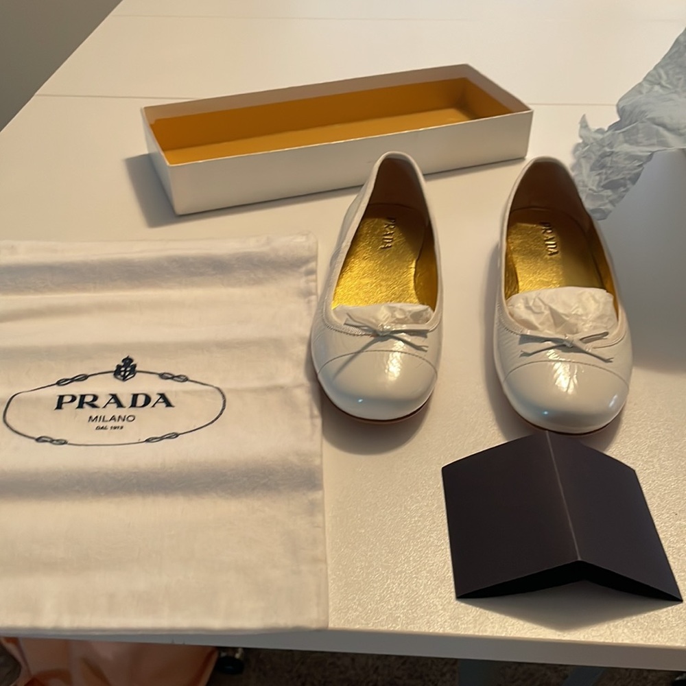 Prada Ballerina Flats White Patent Leather NIB 35.5